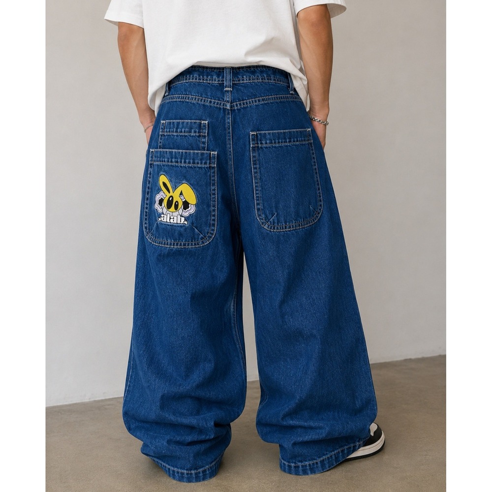 A.LAB Mega Rave Jeans Baggy Wide Leg Bunny Embroidered Y2K Skater Denim Mens 26